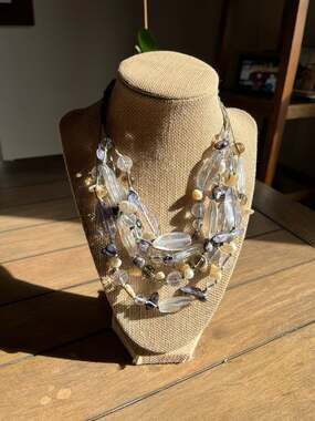 Chico's Triple Strand Neutral Glass and Faux Pearl Beaded Statement Necklace